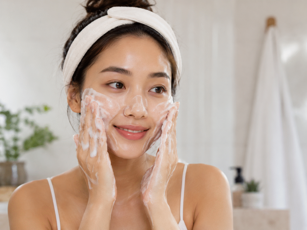 woman cleansing her face with foaming facial cleanser