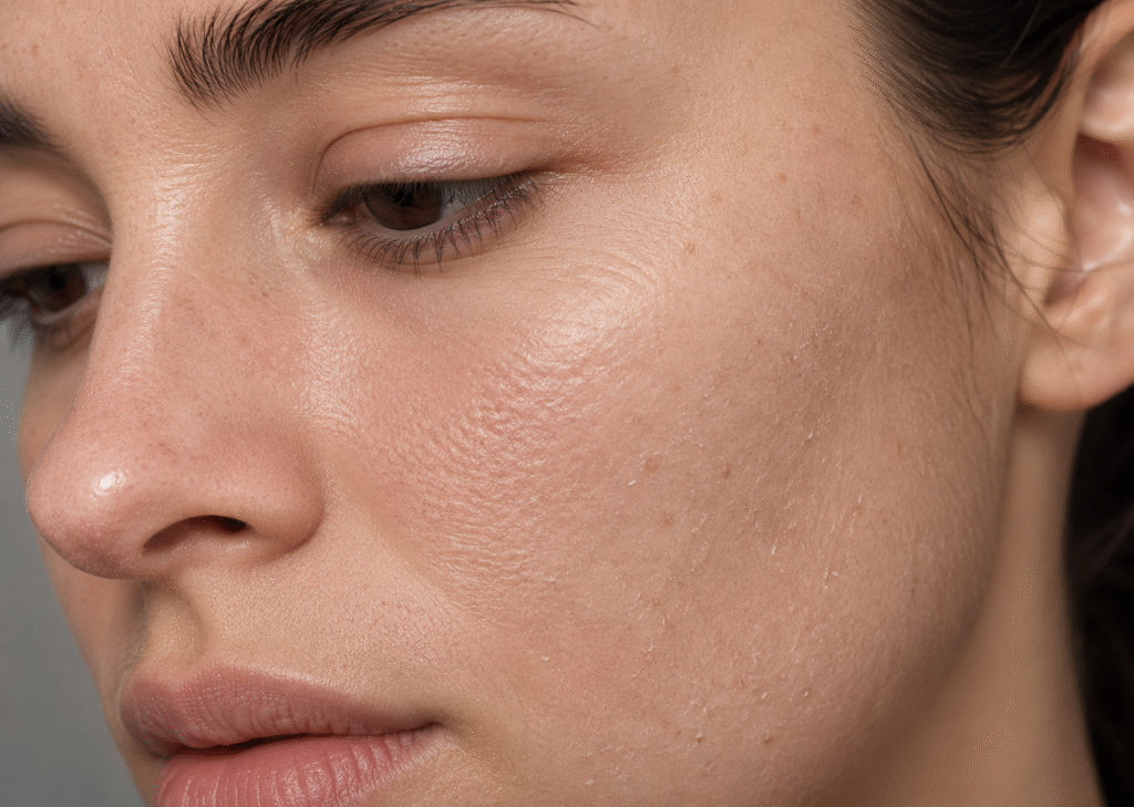 close up of dehydrated and dry facial skin showing rough texture and lack of moisture