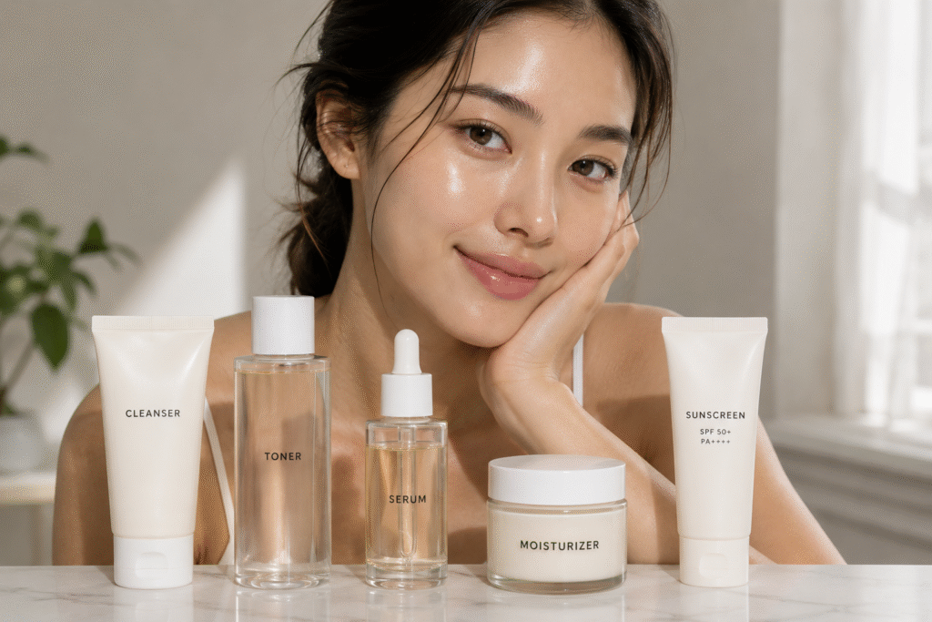 woman with naturally dewy glowing skin posing behind minimalist skincare products
