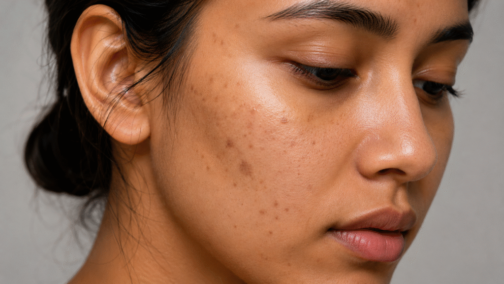close up of facial skin with visible dark spots and uneven skin texture