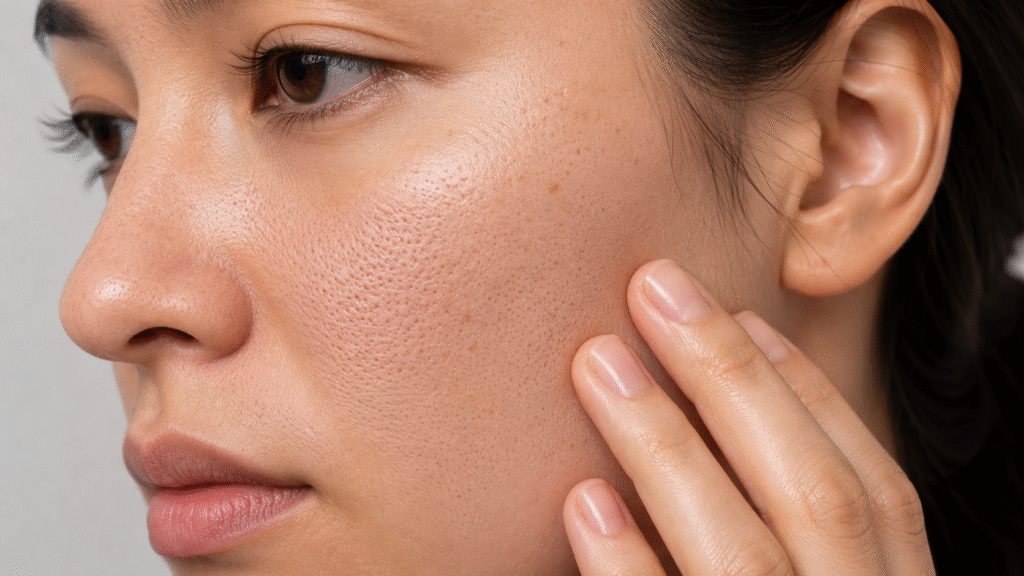 Why Does My Makeup Look Patchy? 4 close up of a woman touching her face with visible enlarged pores and textured skin