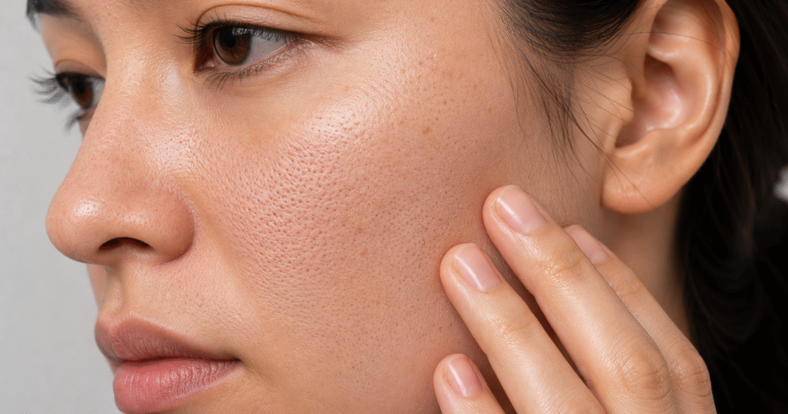 close up of a woman touching her face with visible enlarged pores and textured skin