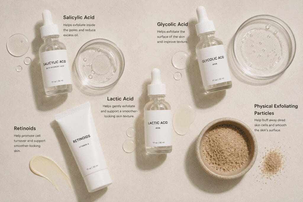 Over Exfoliated Skin: Signs, Causes, and Why It Happens 5 Flatlay image of Skincare ingredients and their benefits