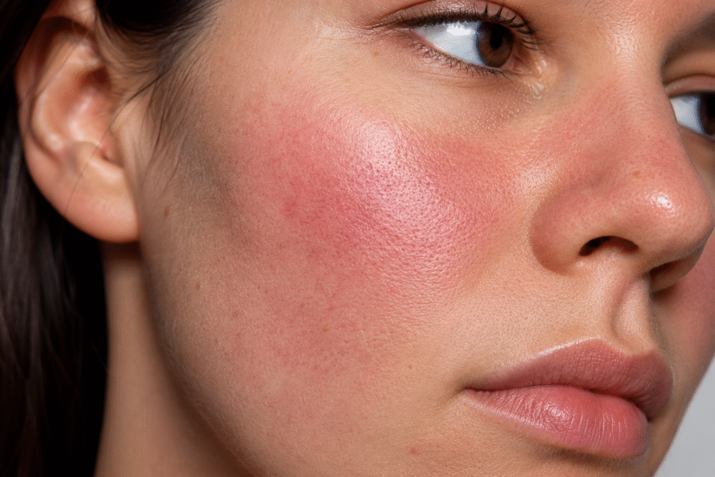 Why Washing Your Face Too Much Can Cause Acne 3 close up of facial redness and sensitive irritated skin texture