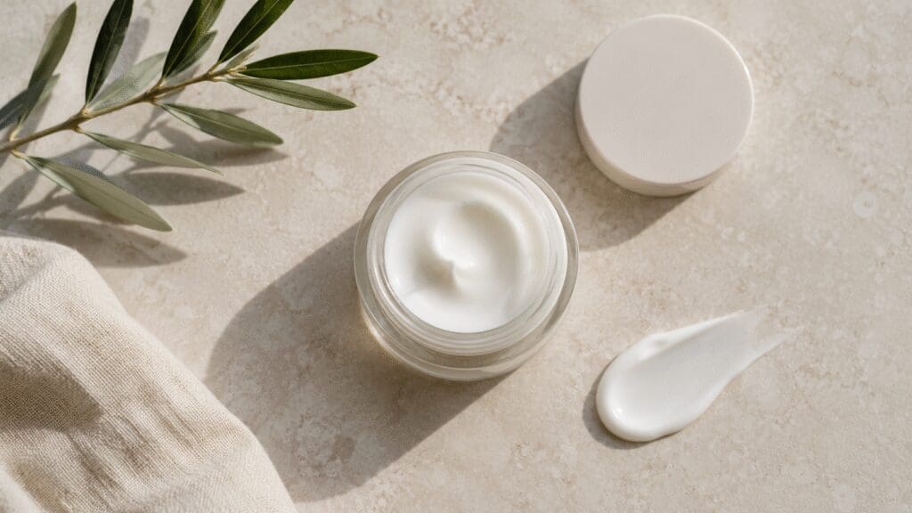 minimal flatlay of moisturizer cream jar with skincare texture on beige background