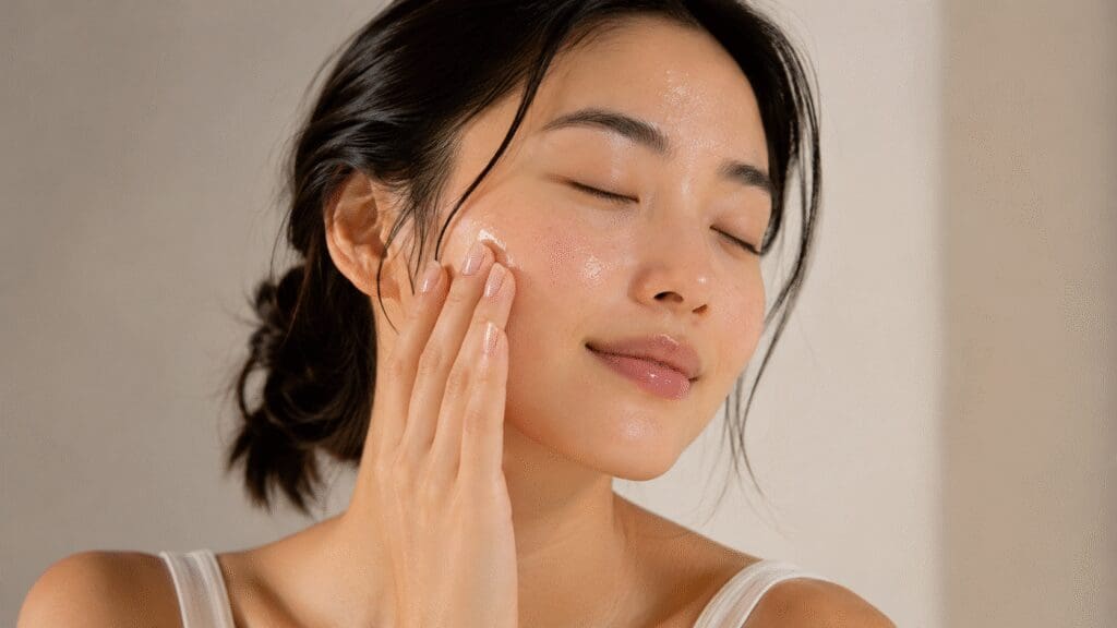 close up of woman hydrating her face with skincare for healthy glowing skin