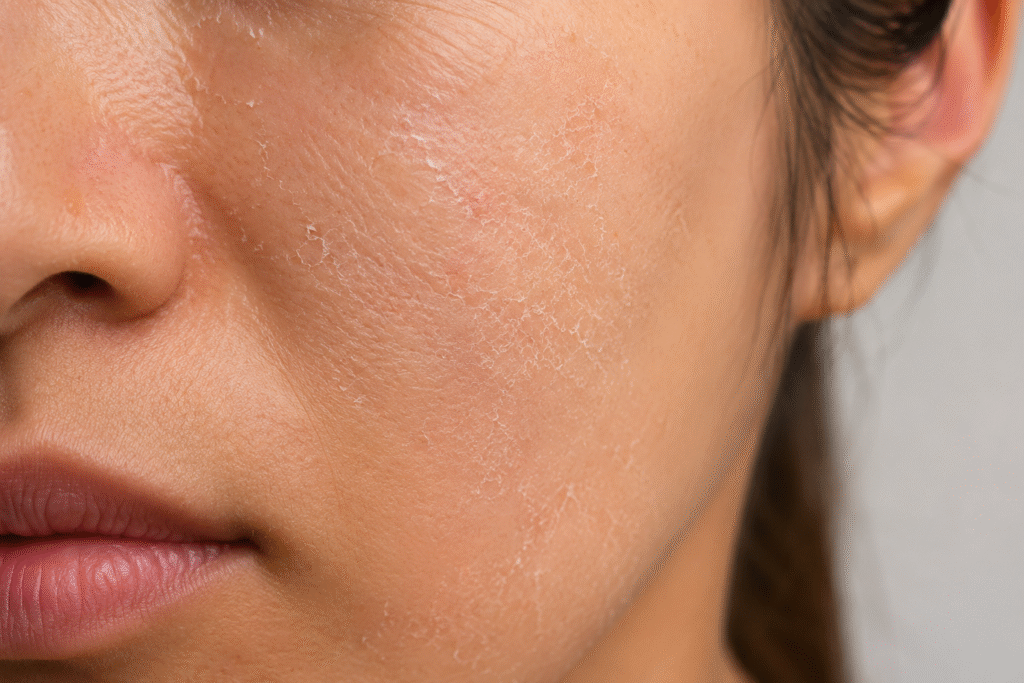 close up of dehydrated facial skin with visible dryness and flaking texture