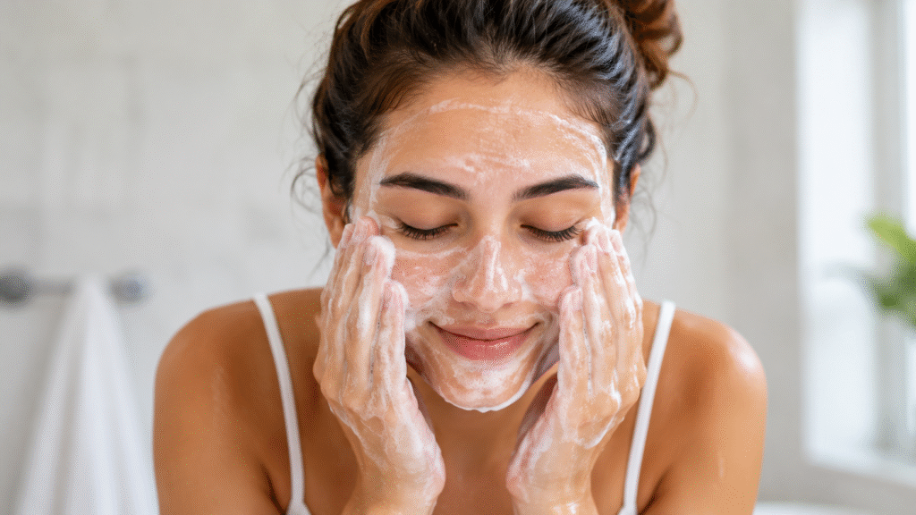 Why Washing Your Face Too Much Can Cause Acne 1 close up of a woman washing her face with foaming cleanser in a bright bathroom