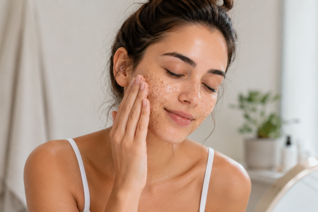 Why Washing Your Face Too Much Can Cause Acne 4 woman gently exfoliating her face with facial scrub during skincare routine