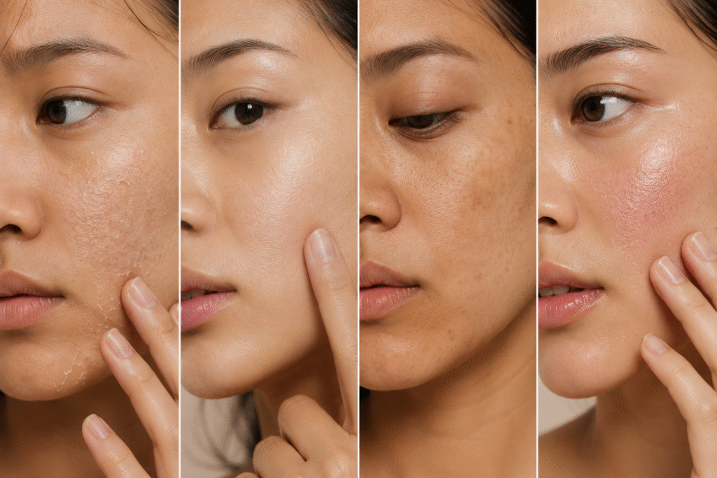 Close-up collage of different skin concerns including dryness, dullness, rough texture, and dehydration on glowing facial skin