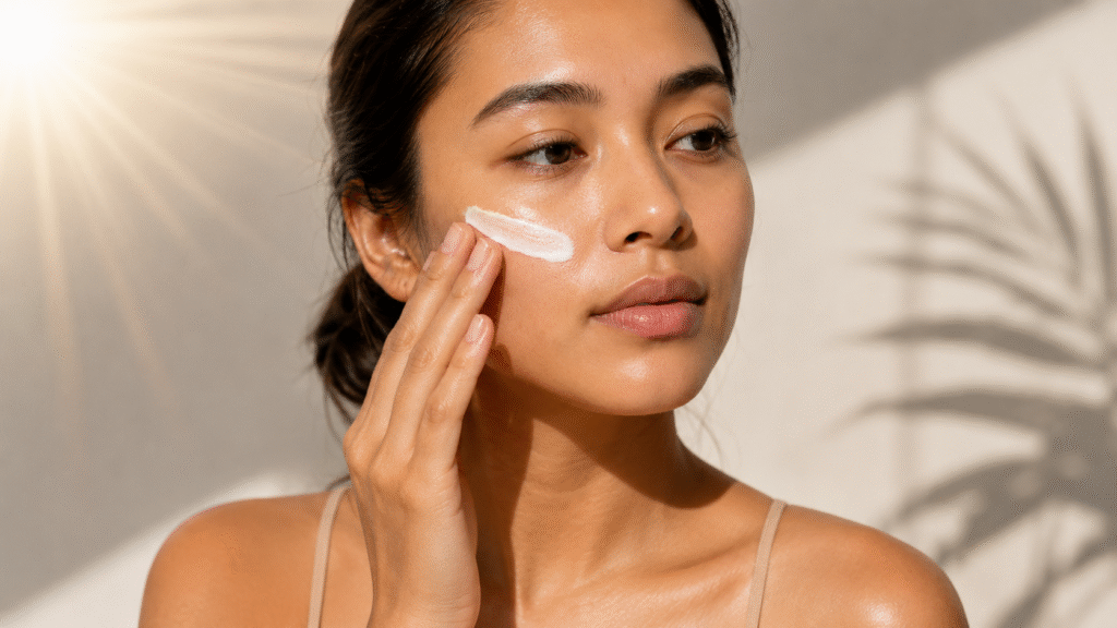 woman applying sunscreen on her face in natural sunlight to help protect skin from dark spots