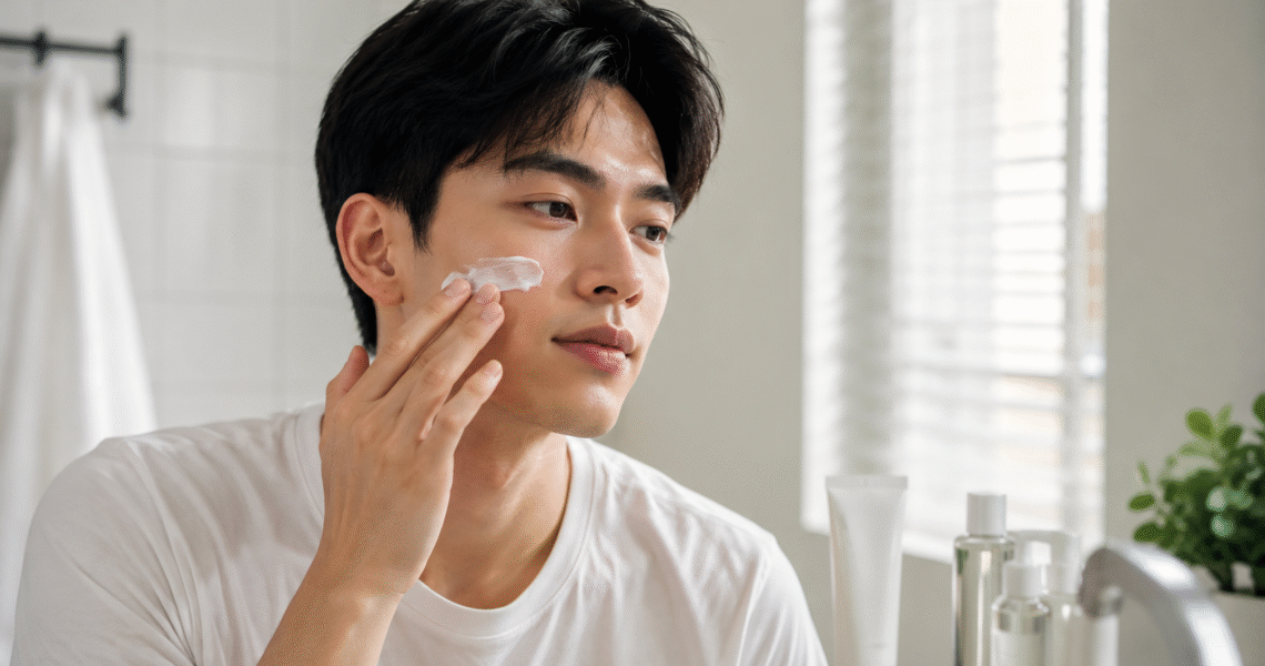 Portrait of a man applying sunscreen
