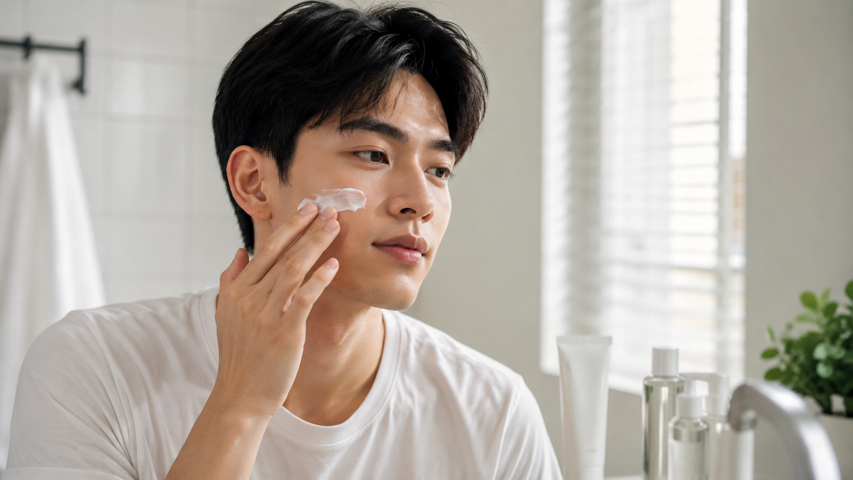Portrait of a man applying sunscreen