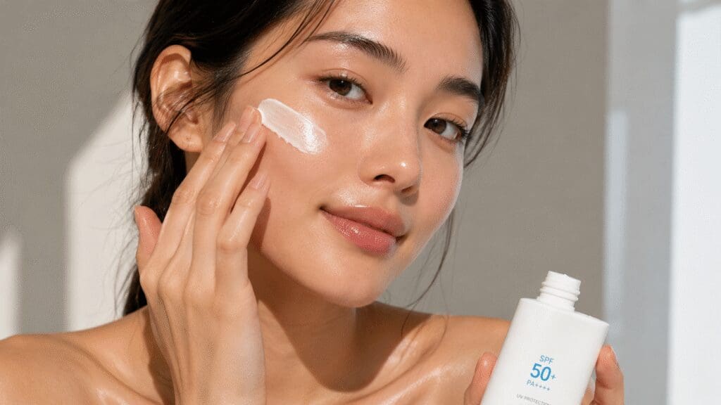 Portrait of a woman applying sunscreen