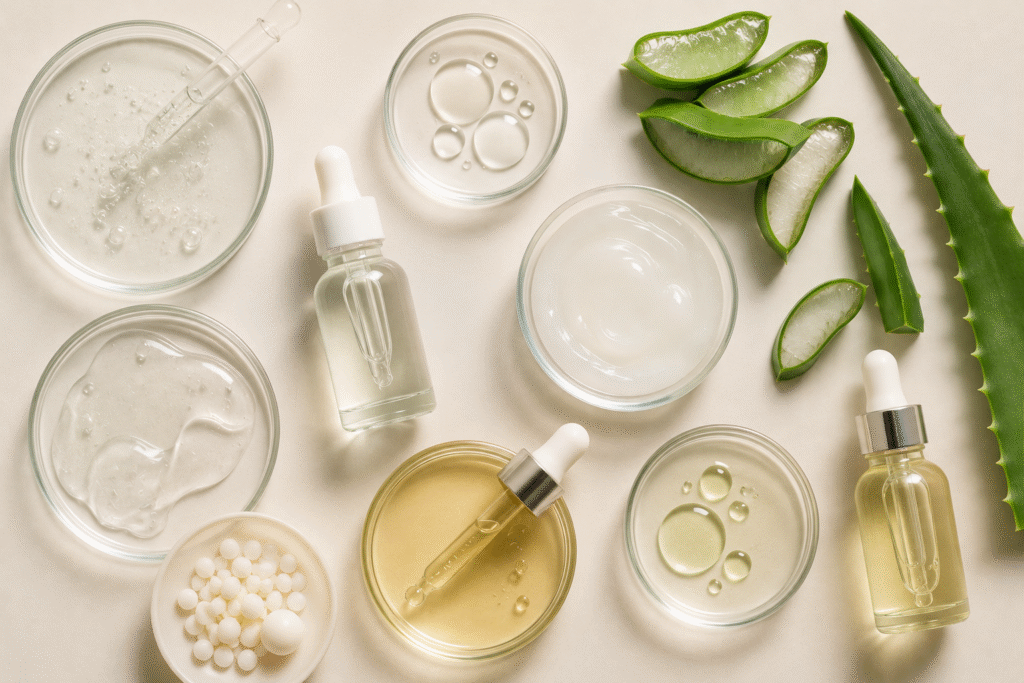 Dry vs Dehydrated Skin: How to Tell the Difference 5 Flatlay of skincare ingredients