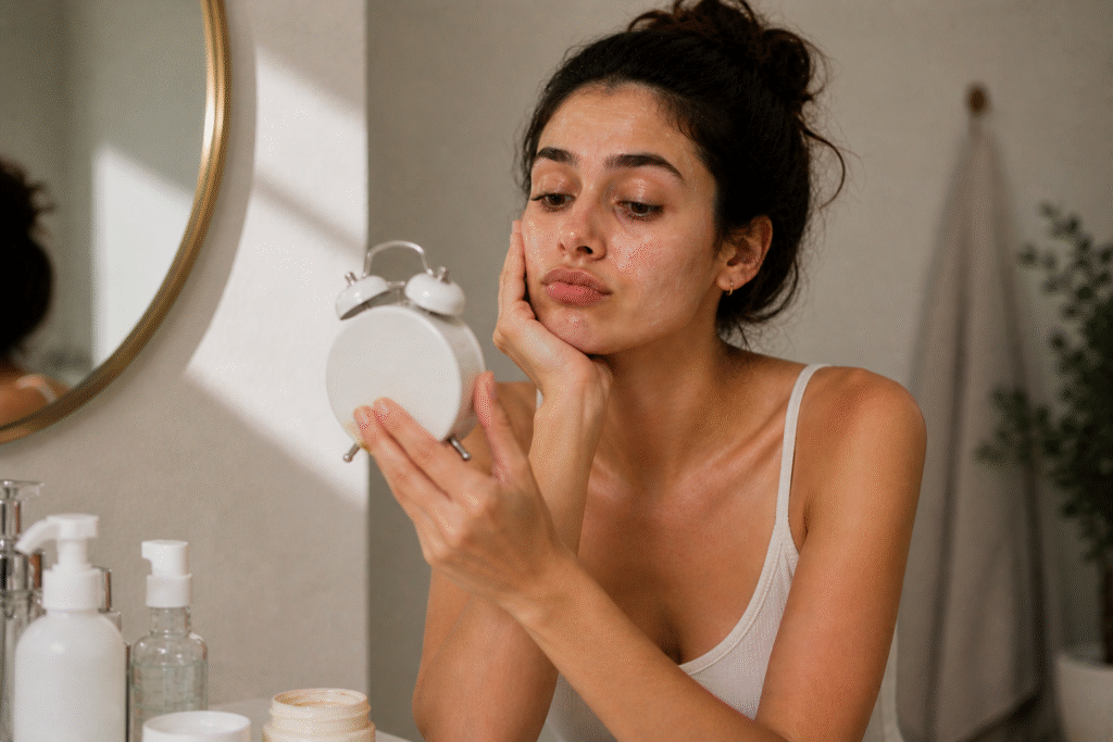 How Long to Wait Between Skincare Steps (And Why It Matters) 1 Woman waiting between skincare routine steps while checking time