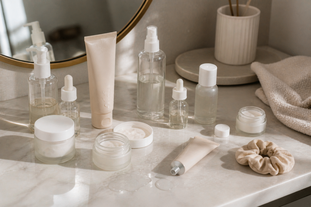 How Long to Wait Between Skincare Steps (And Why It Matters) 3 Cluttered vanity with open products