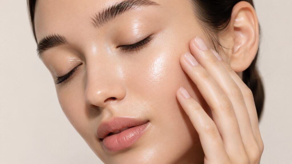 close up of a woman touching her moisturized glowing skin with eyes closed