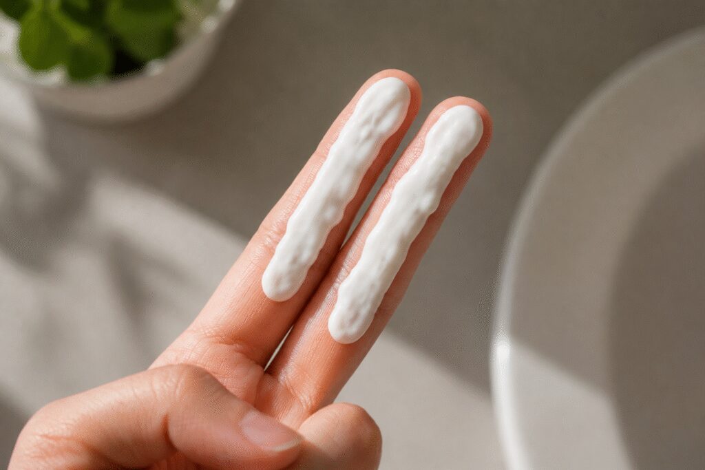 Two fingers with the recommended amount of sunscreen.