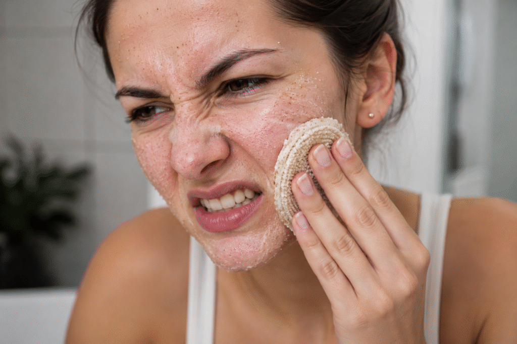 Woman aggressively scrubbing her face with an exfoliating pad