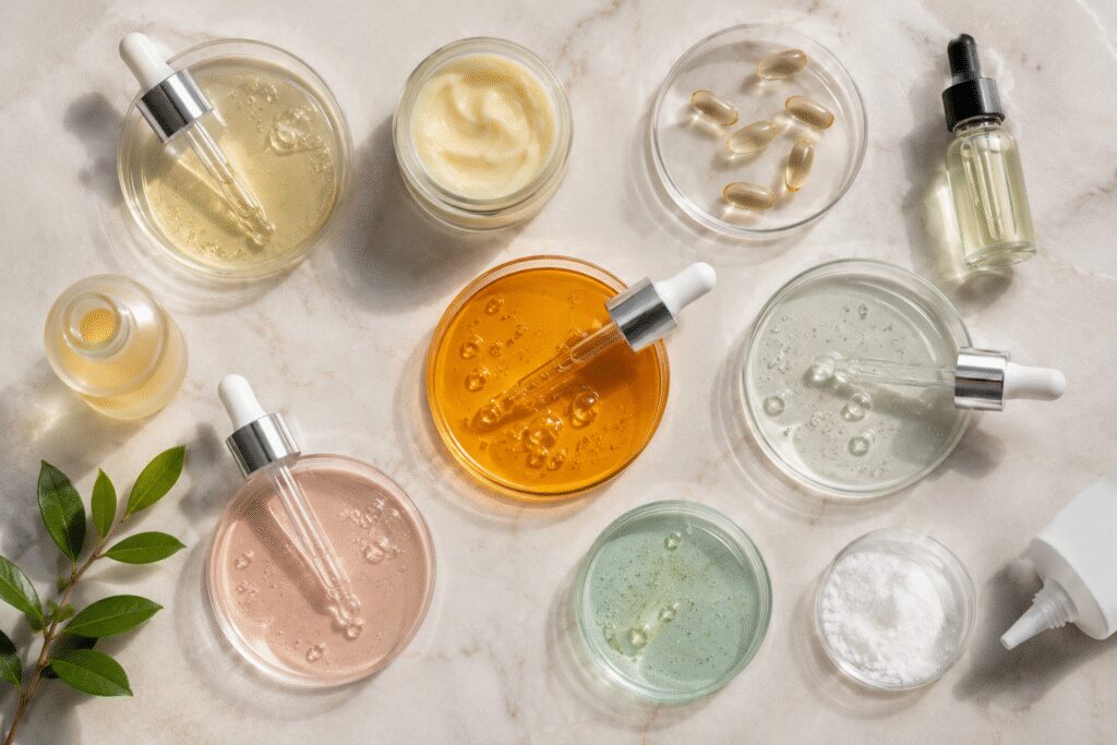 Flat lay of skincare ingredients