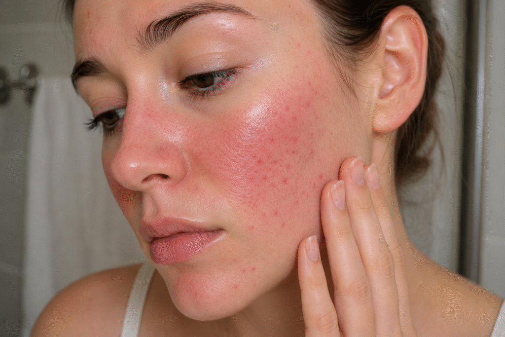 Close-up of a woman experiencing facial redness and irritation after applying a skincare product