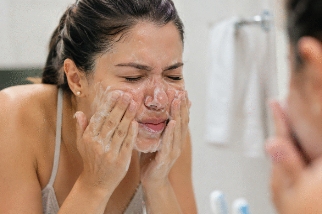 Jojoba Oil for Oily Skin: Does It Help? 3 A girl doing harsh cleansing
