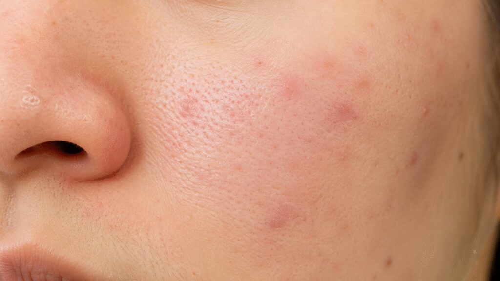 Why Do I Keep Getting Acne in the Same Spot? Here's What Your Skin Might Be Trying to Tell You 1 Portrait of a not fully healed pores