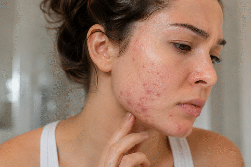 Why Do I Keep Getting Acne in the Same Spot? Here's What Your Skin Might Be Trying to Tell You 2 Close-up of hormonal acne concentrated on the jawline and chin.