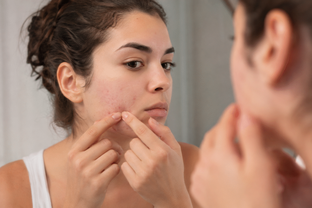 Why Do I Keep Getting Acne in the Same Spot? Here's What Your Skin Might Be Trying to Tell You 7 Woman picking a pimple on her cheek in front of a mirror.