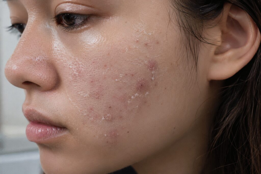 Why Do I Keep Getting Acne in the Same Spot? Here's What Your Skin Might Be Trying to Tell You 8 Close-up of skincare product buildup on the face