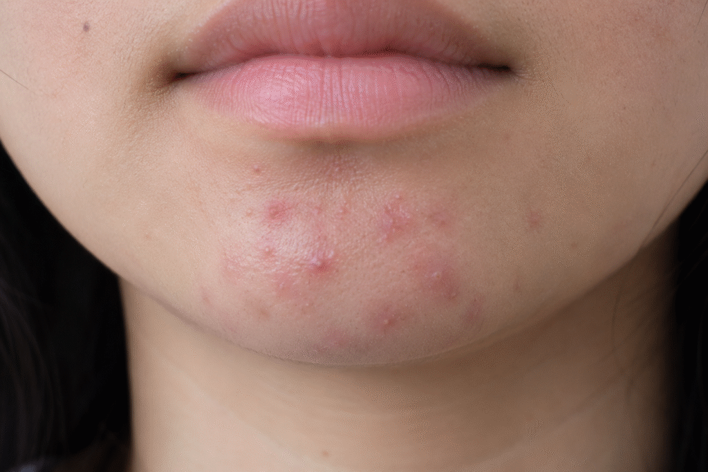 Why Do I Keep Getting Acne in the Same Spot? Here's What Your Skin Might Be Trying to Tell You 9 Close up photo of acne on chin