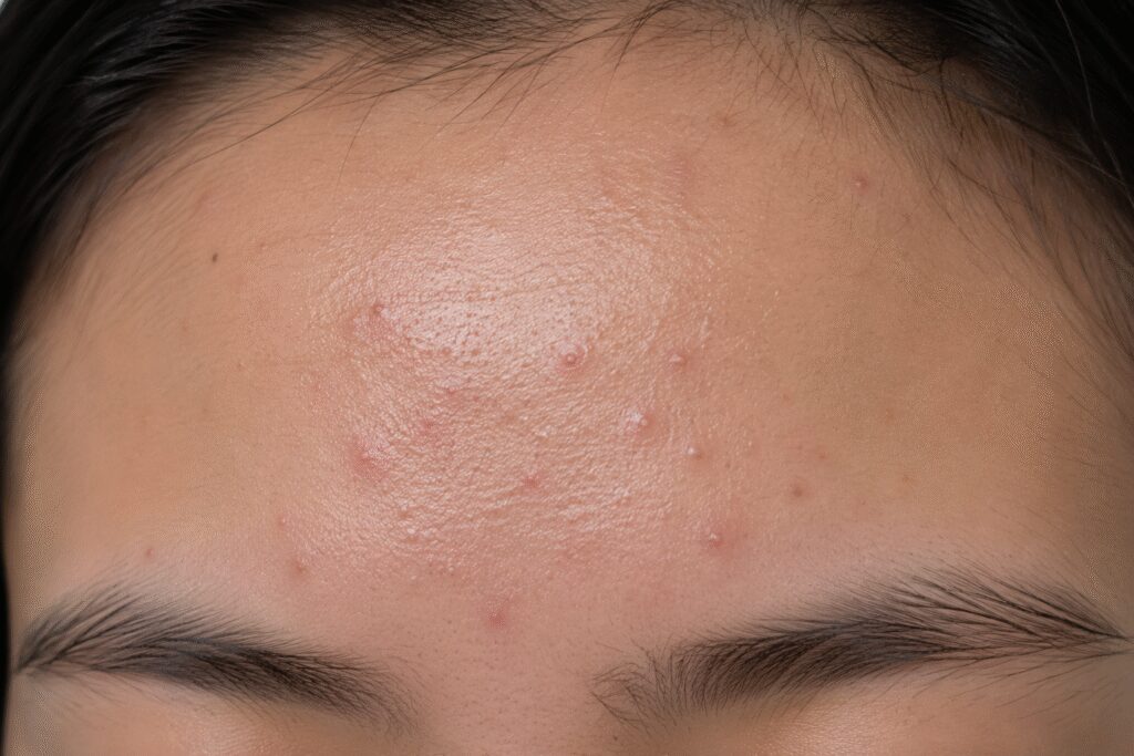 Why Do I Keep Getting Acne in the Same Spot? Here's What Your Skin Might Be Trying to Tell You 12 Close up photo of acne on forehead