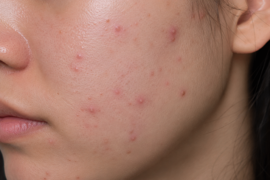 Why Do I Keep Getting Acne in the Same Spot? Here's What Your Skin Might Be Trying to Tell You 13 Close up photo of acne on cheeks