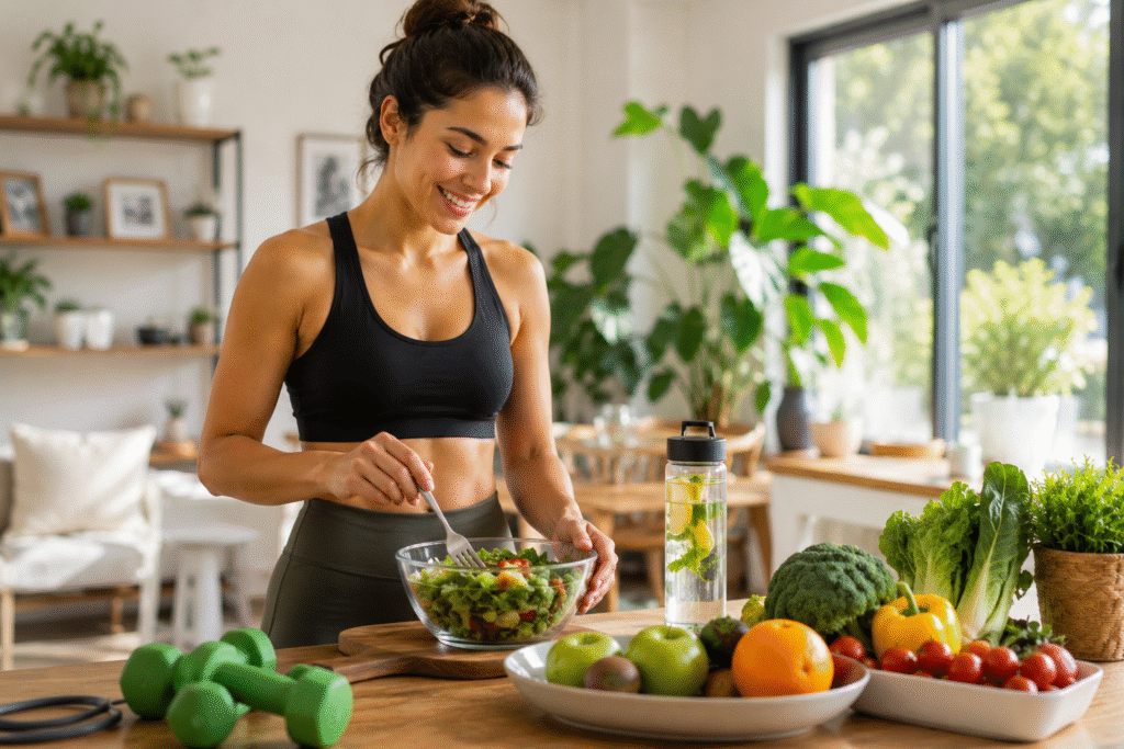 How to Get Rid of Wrinkles Under Eyes 6 Woman preparing a healthy meal after exercise.