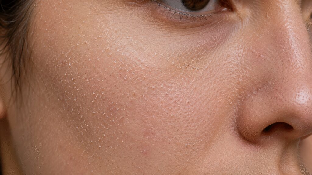 Close-up of facial skin with visible dead skin cell buildup.