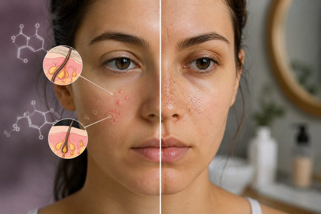 Woman showing hormonal changes associated with recurring blackheads.