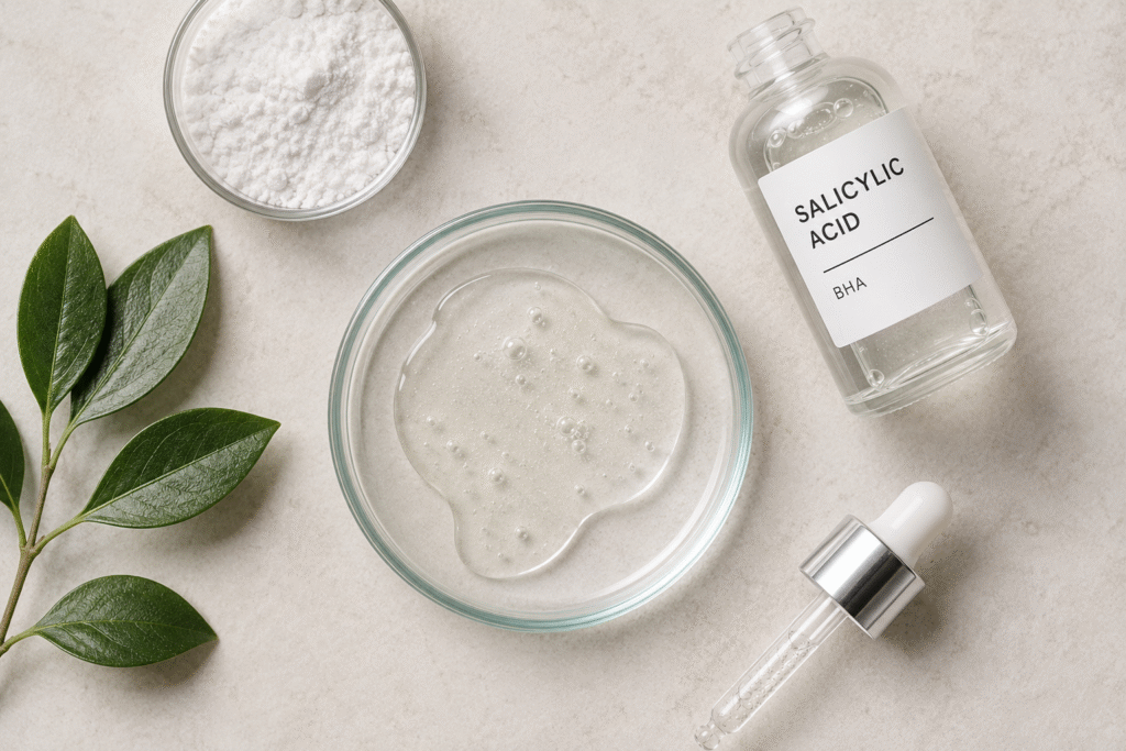 Flat lay of salicylic acid skincare ingredient.