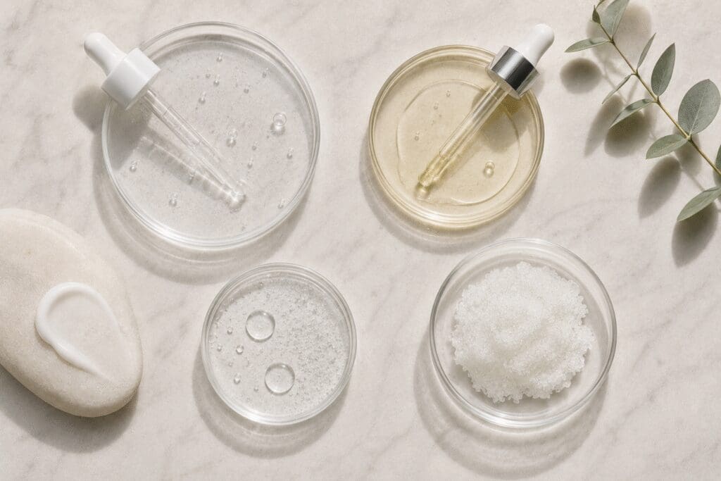 Flat lay of skincare ingredients