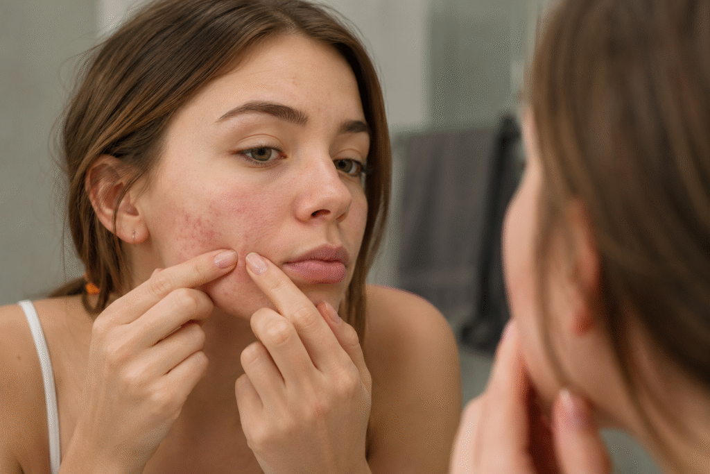 Girl picking her blemishes
