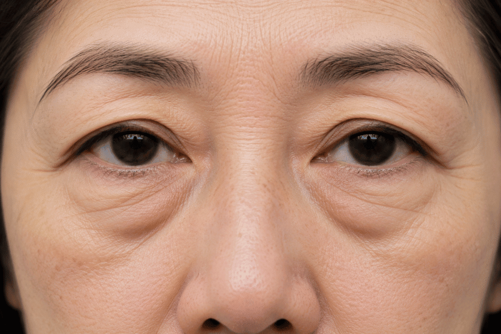 Close up photo of loose skin eye bags