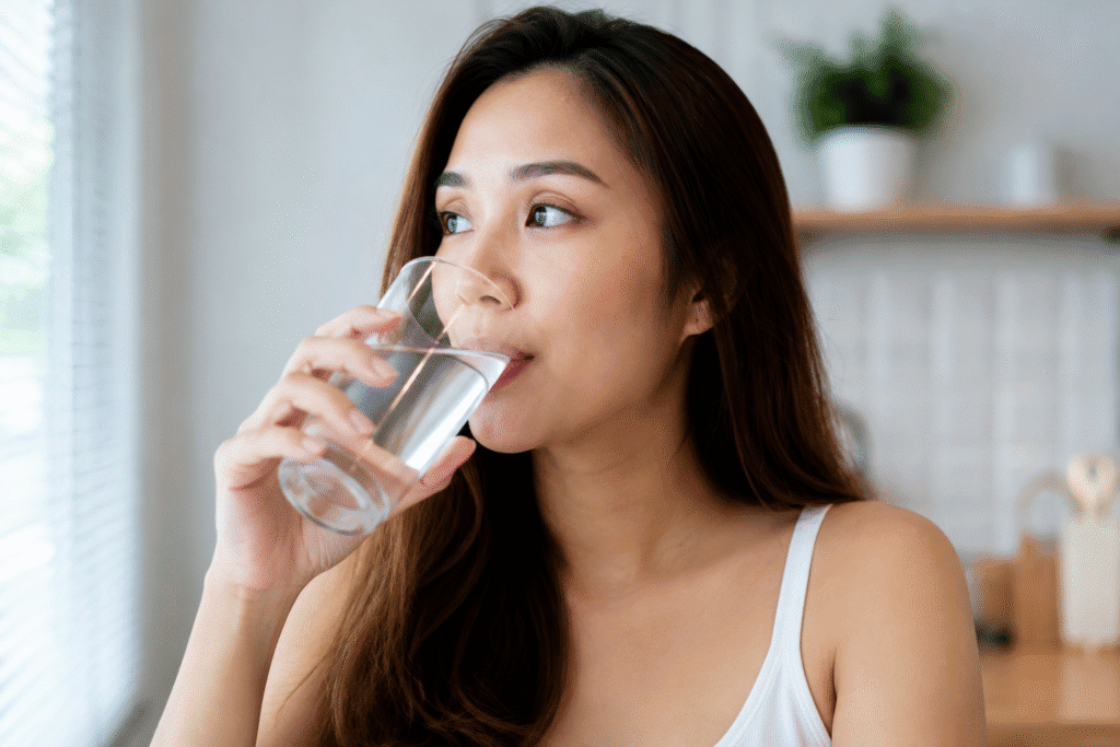 How to Get Rid of Wrinkles Under Eyes 9 Woman drinking a glass of water.