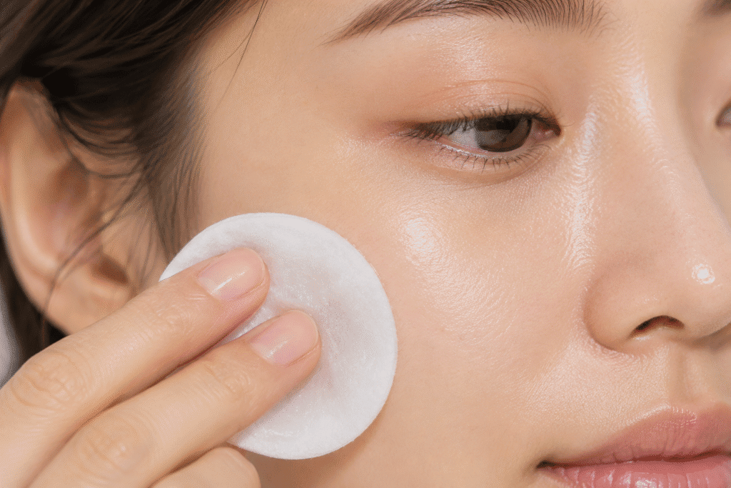 How Long Does Toner Last? Shelf Life, Storage, Freshness 5 Close-up of a woman applying toner to her cheek with a cotton pad.
