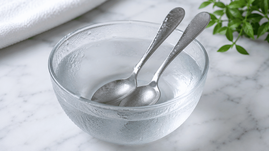 What Does Dipping Your Face in Ice Water Do? 8 Chilled stainless steel spoons in a bowl of cold water.