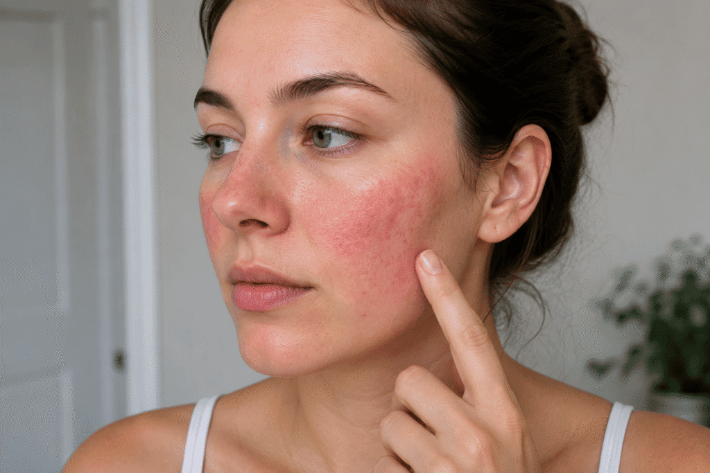 What Does Dipping Your Face in Ice Water Do? 6 Close-up of a woman with visible rosacea redness on her cheeks and nose.