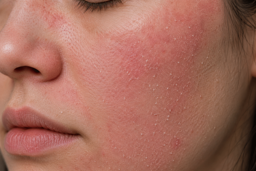 Close-up of a face with red, irritated skin from over-exfoliation