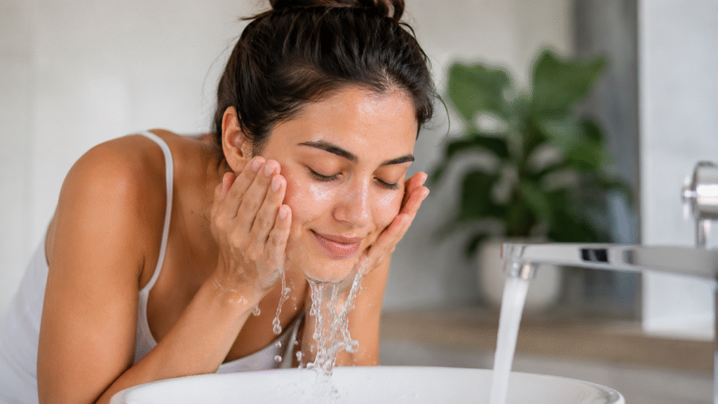 Woman washing her face with water only.