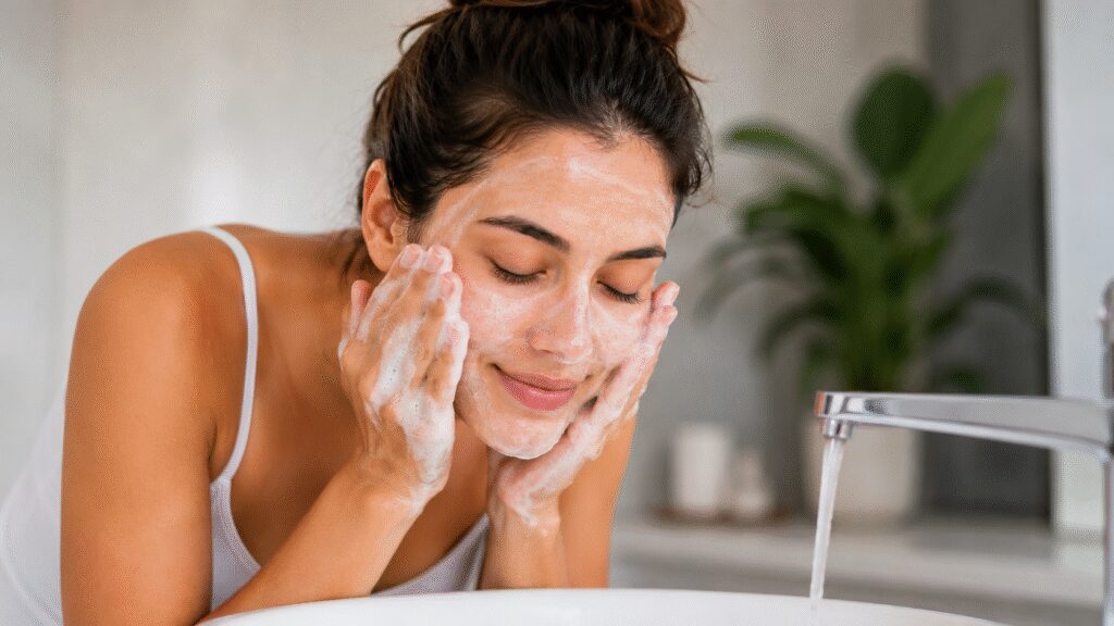 Woman washing her face with a foaming facial cleanser.