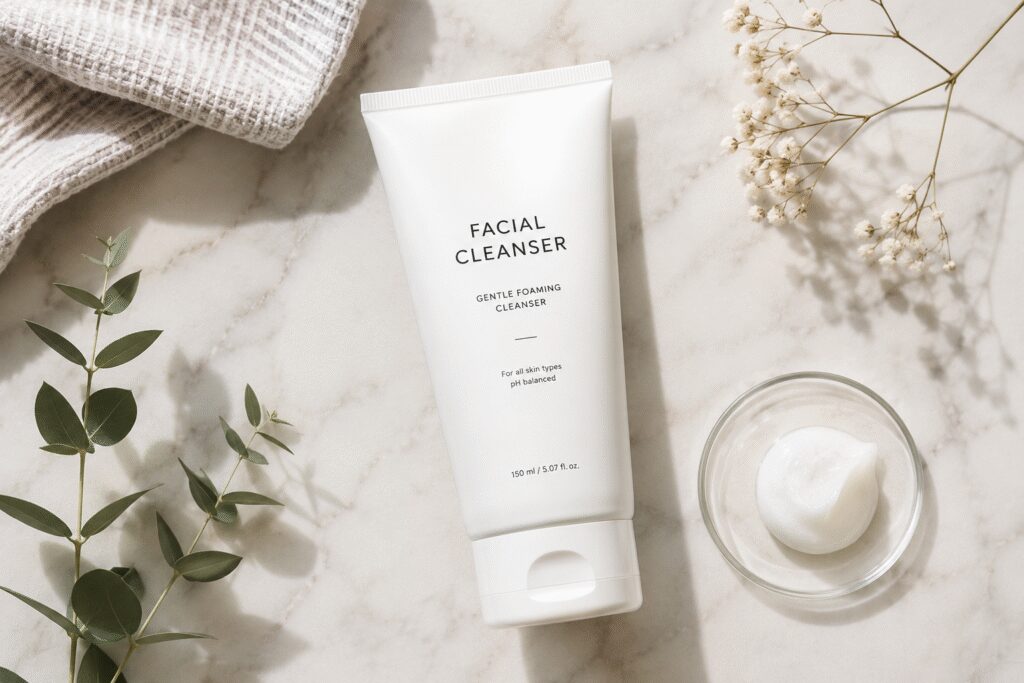 Flat lay image of facial cleanser