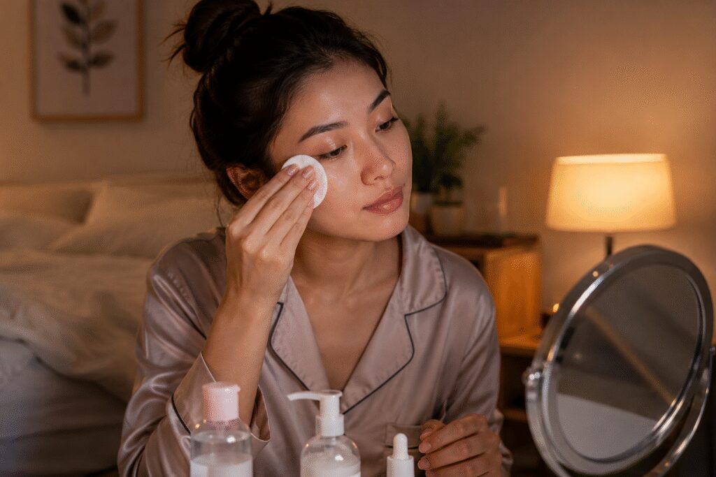 Woman removing makeup with a cotton pad during her nighttime skincare routine.